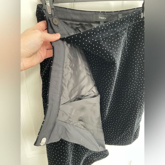 Theory Black White Polka Dot Velvet Pleated Wrap Skirt 100% Cotton Womens Size 2 - Picture 5 of 8